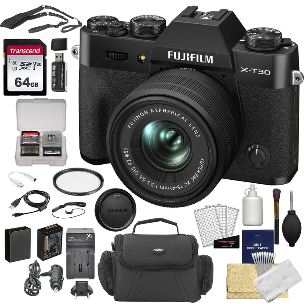 Fujifilm X-T30 II black camera kit with XC 15-45mm lens and accessories